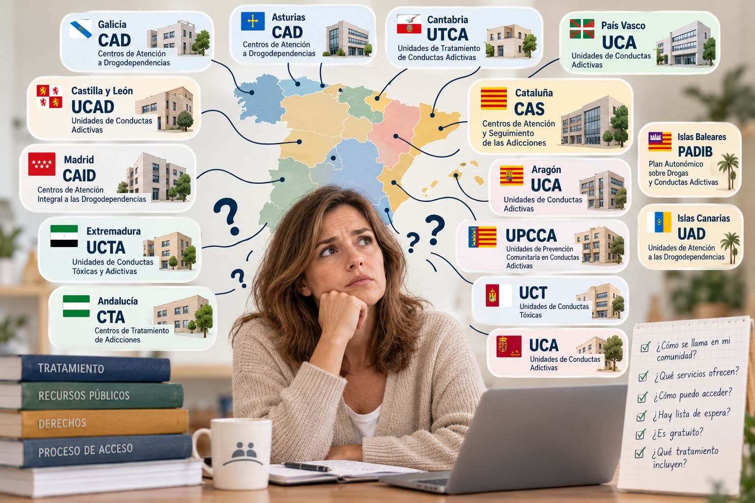Una mujer pensativa rodeada de un mapa de España con los centros públicos de atención a las adicciones de cada comunidad y una lista de preguntas sobre cómo se accede