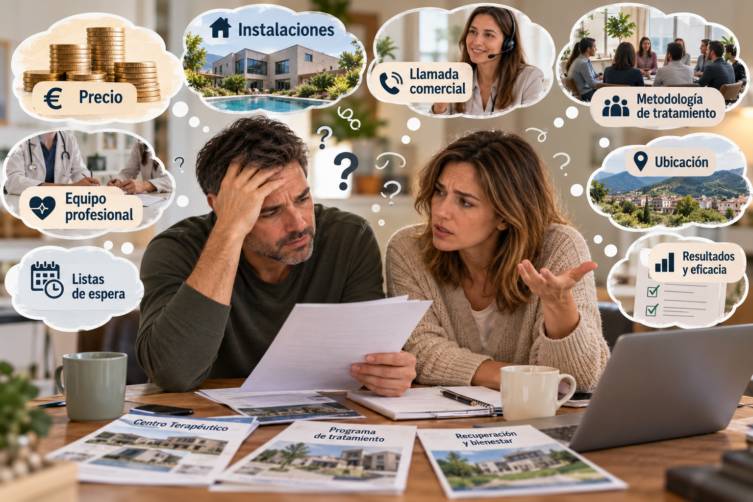 Una pareja preocupada mirando papeles, rodeada de burbujas con las dudas al elegir un centro: precio, instalaciones, llamada comercial, metodología, ubicación, equipo profesional y resultados
