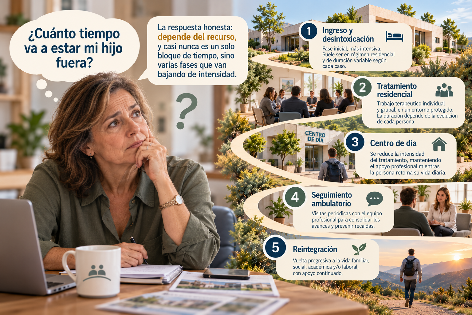 Una mujer pensativa ante su portátil y un esquema en espiral con las cinco fases de un tratamiento: desintoxicación, tratamiento residencial, centro de día, seguimiento ambulatorio y reintegración