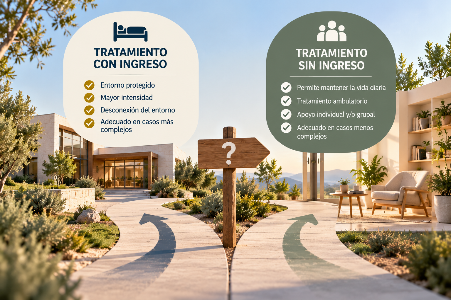 Dos caminos que se separan ante un cartel con una interrogación: tratamiento con ingreso (entorno protegido, mayor intensidad) y tratamiento sin ingreso (mantener la vida diaria, ambulatorio, apoyo individual o grupal)